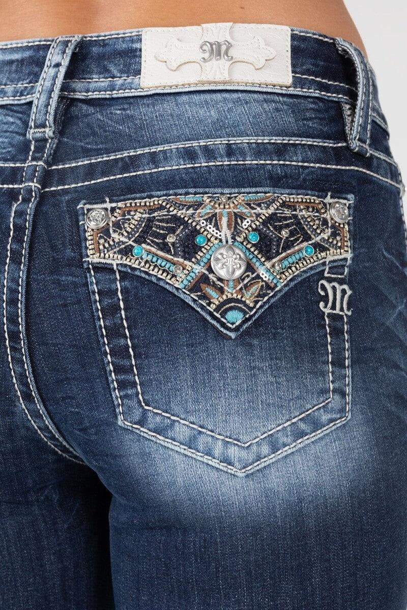 Miss Me Dark Wash Embroidered Flap Pocket Mid Rise Bootcut Slim Fit Women's 30 inch Inseam Denim Jeans M9231BS