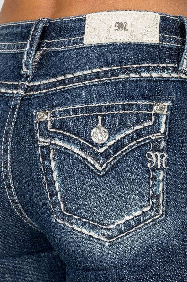 Miss Me Dark Wash Mid Mise 32 inch inseam Decorative Stich Pocket Women's Bootcut Jeans M5014B403V