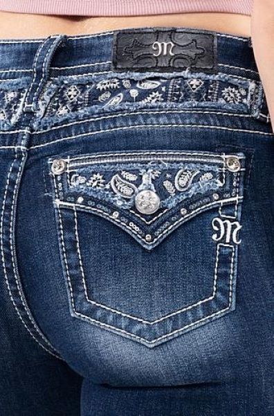 Miss Me Dark Wash Mid-Rise Boot Cut Womens Jeans with Navy Paisley Pocket Flap M3911B