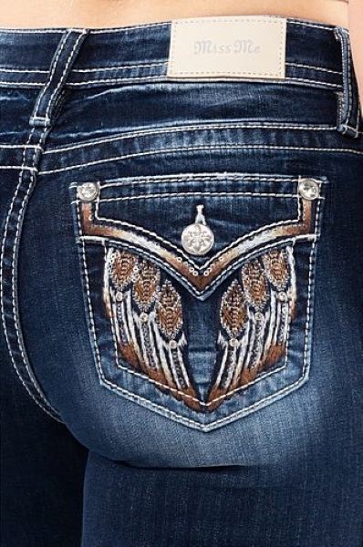 Miss Me Dark Wash Mid Rise Bootcut Womens Jeans with Leather Trimmed Pockets and Feather Embroidery M5082B121