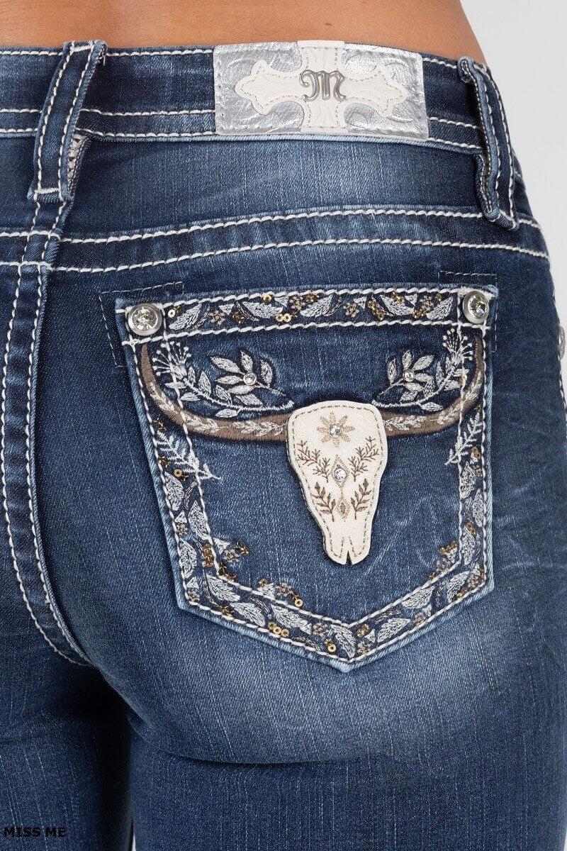 Miss Me Dark Wash Steer Head Leather and Embroidery Pocket Women's 34 inch inseam Jeans M9241B
