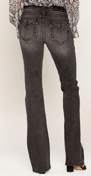 Miss Me Jeans Women's Grey Border Stitch Faux Flap Pocket Back In Classics Bootcut Jeans M5014B314