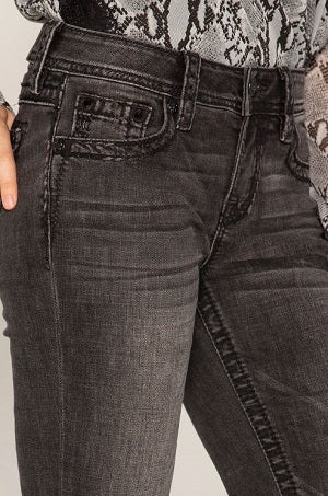 Miss Me Jeans Women's Grey Border Stitch Faux Flap Pocket Back In Classics Bootcut Jeans M5014B314