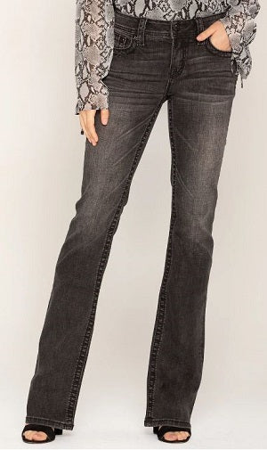 Miss Me Jeans Women's Grey Border Stitch Faux Flap Pocket Back In Classics Bootcut Jeans M5014B314