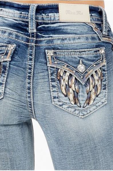 Miss Me Light Blue Wash Mid-Rise Leather Wing Flap Pocket Womens Jeans M5082T114