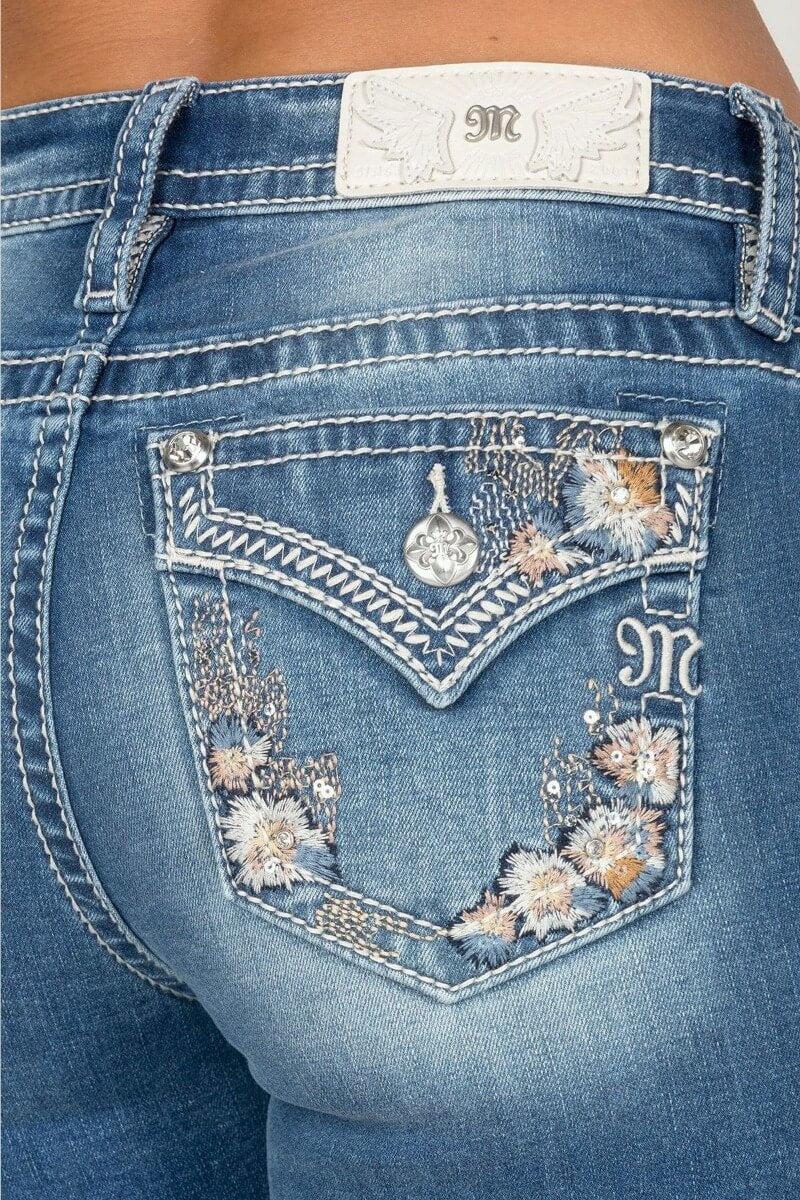 Miss Me Medium Wash 32 inch Mid-Rise Bootcut Floral Border Pocket Women's Jeans M9295BV