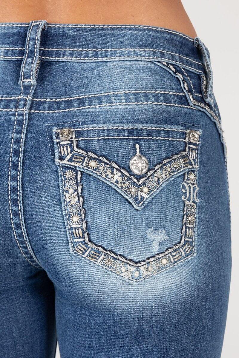Miss Me Medium Wash Gold Floral Stitch Border 30 inch inseam Slim Fit Women's Bootcut Denim Jeans M9235BS