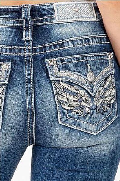 Miss Me Mid Rise Boot Cut Womens Jeans with Pearl Sequin Wing Flaps M3080B28