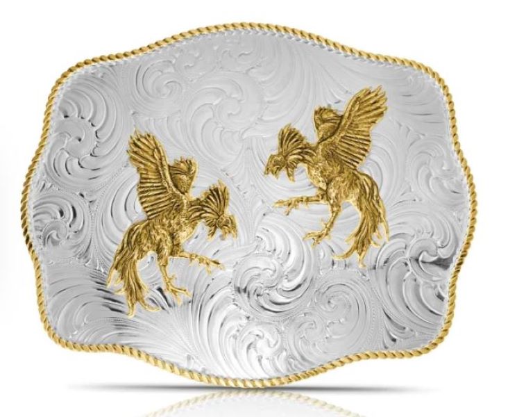 Montana Silversmiths Extra Large Engraved Scalloped Buckle with Fighting Roosters 1707M