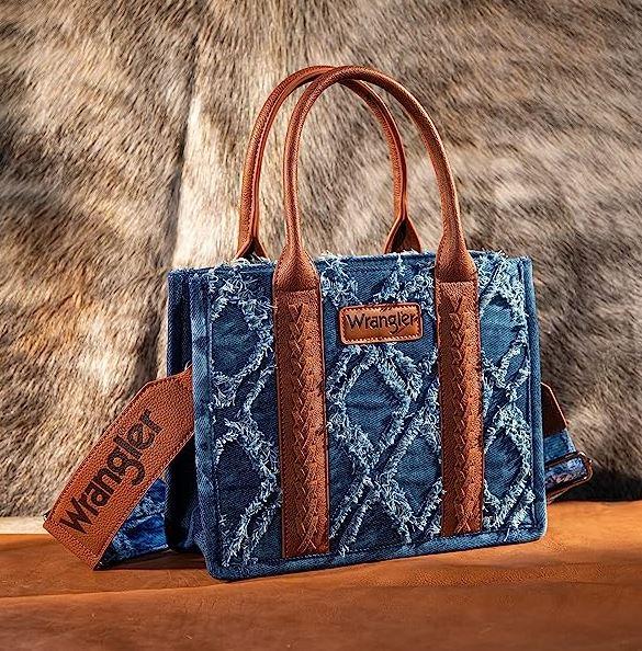 Montana West Wrangler Denim Frayed Fringe Small Canvas Tote/Crossbody Bag WG2202-8120