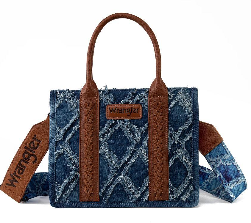 Montana West Wrangler Denim Frayed Fringe Small Canvas Tote/Crossbody Bag WG2202-8120