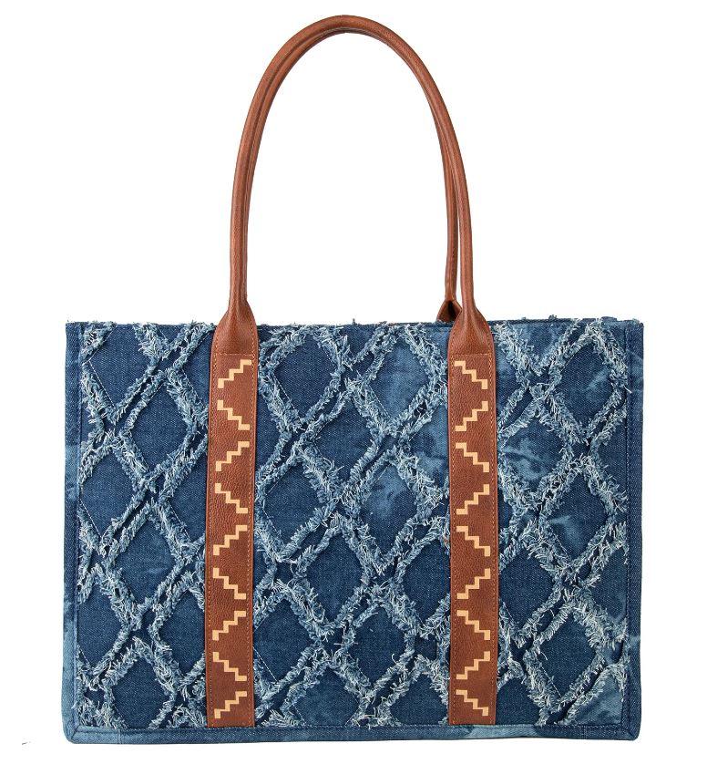 Montana West Wrangler Denim Frayed Fringed Design Dual Sided Canvas Wide Tote WG2202-8119