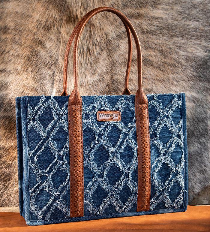 Montana West Wrangler Denim Frayed Fringed Design Dual Sided Canvas Wide Tote WG2202-8119