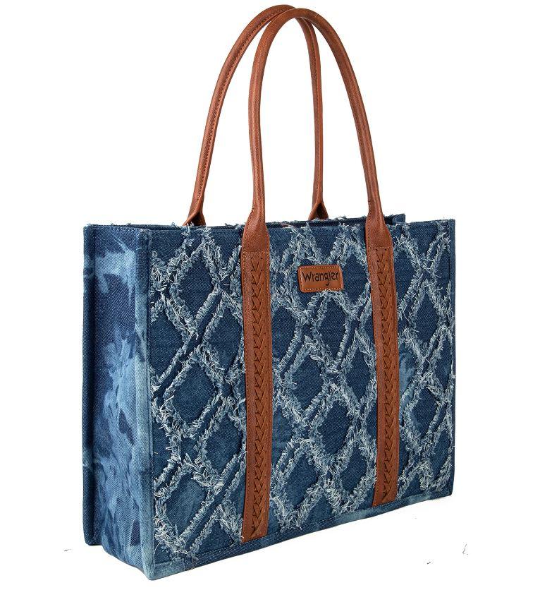 Montana West Wrangler Denim Frayed Fringed Design Dual Sided Canvas Wide Tote WG2202-8119