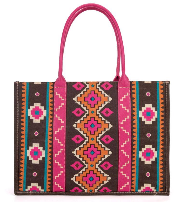 Montana West Wrangler Hot Pink Southwestern Pattern Dual Sided Print Canvas Wide Tote Bag WG2203-8119