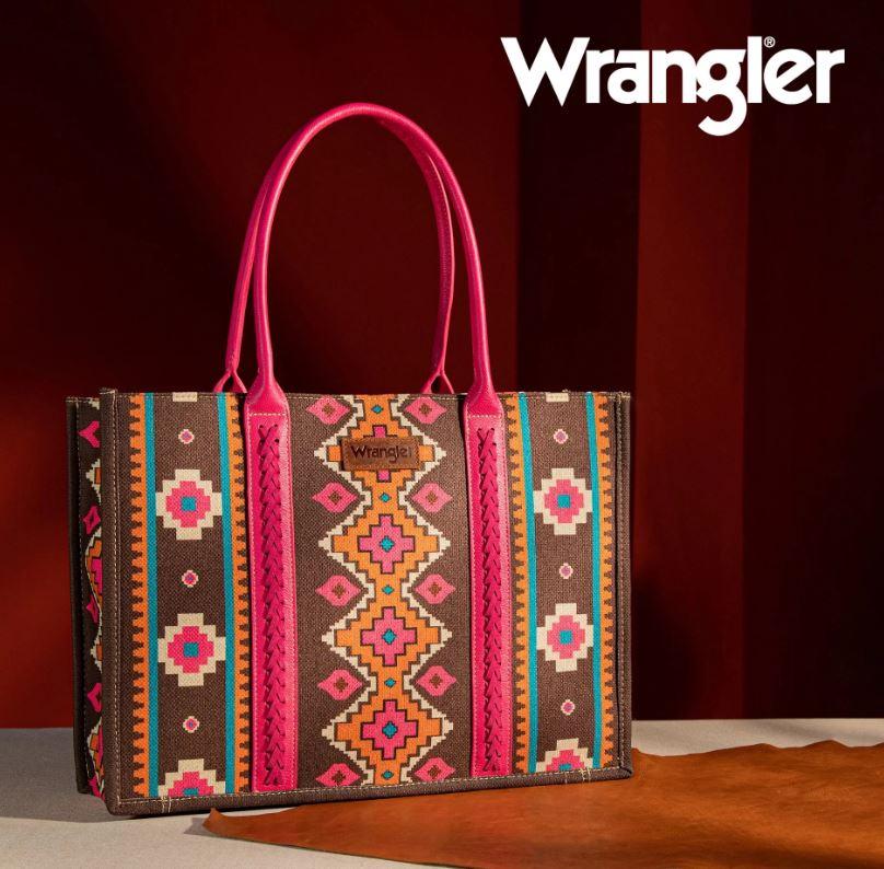 Montana West Wrangler Hot Pink Southwestern Pattern Dual Sided Print Canvas Wide Tote Bag WG2203-8119