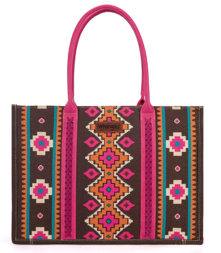 Montana West Wrangler Hot Pink Southwestern Pattern Dual Sided Print Canvas Wide Tote Bag WG2203-8119