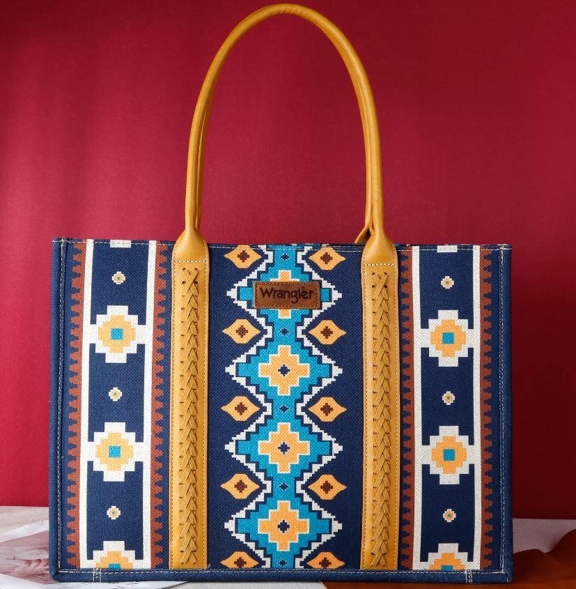 Montana West Wrangler Southwestern Pattern Dual Sided Print Canvas Wide Tote Mustard WG2203-8119