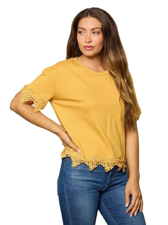Mustard Short Sleeve Trim Women's Detailed Blouse 1239467-MUST
