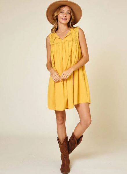 Mustard Sleeveless Lace Up Women's Tunic Front Mini Dress I-10-A-DI5529SB