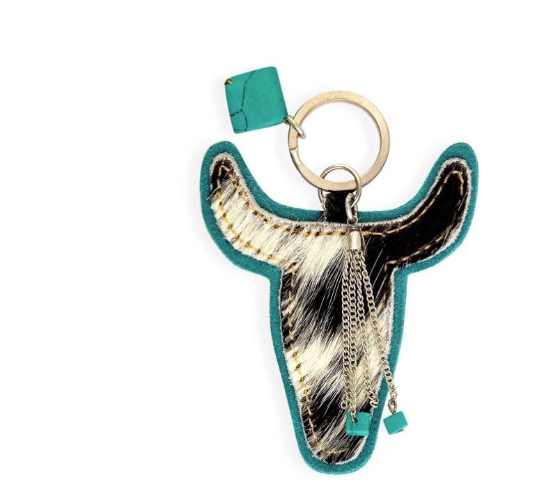 Myra Bag Buffalo Head Hair -On Hide Key Fob in Turquoise S-9233