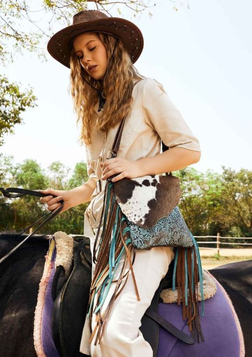 Myra Bag Cobal Blue Conceal Carry Cow Print Tooled Leather Fringe Bag S-3345