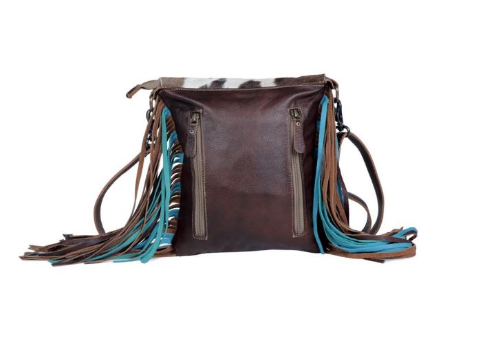 Myra Bag Cobal Blue Conceal Carry Cow Print Tooled Leather Fringe Bag S-3345