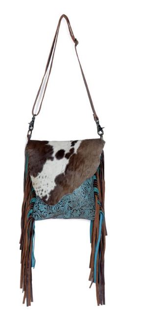 Myra Bag Cobal Blue Conceal Carry Cow Print Tooled Leather Fringe Bag S-3345