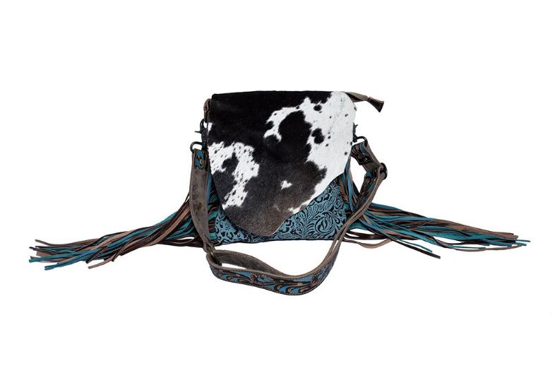 Myra Bag Cobal Blue Conceal Carry Cow print tooled leather fringe bag S-3345