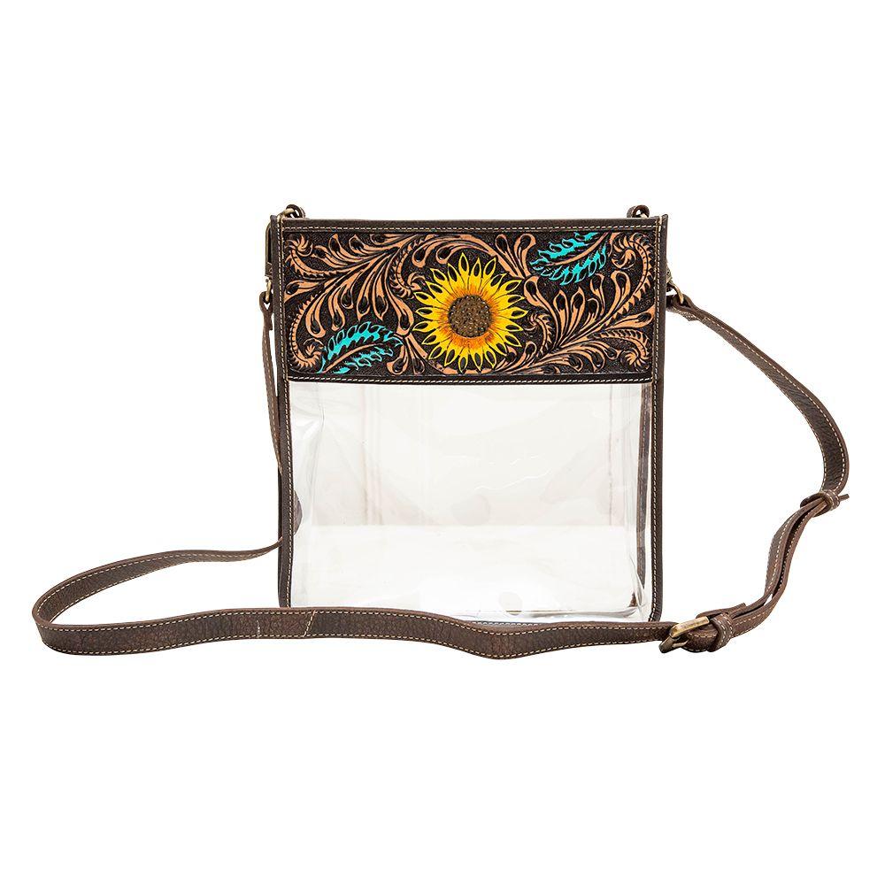 Myra Bag Hawaii Dark Brown/Clear Sunflower Tooled leather Clear Bag S-7064