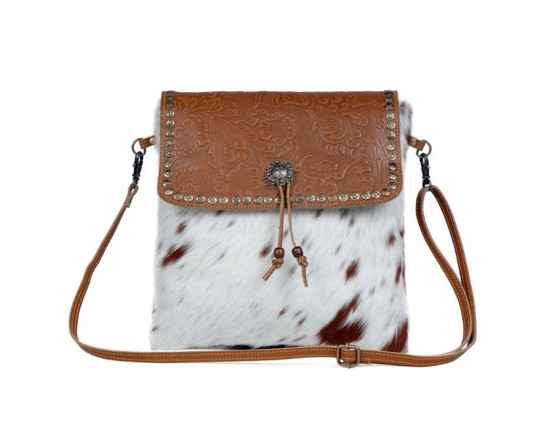 Myra Bags Beautious Tooled Leather Cow Print Hairon Grommet Bag S-3382
