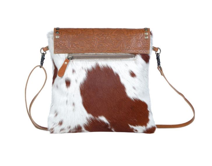 Myra Bags Beautious Tooled Leather Cow Print Hairon Grommet Bag S-3382