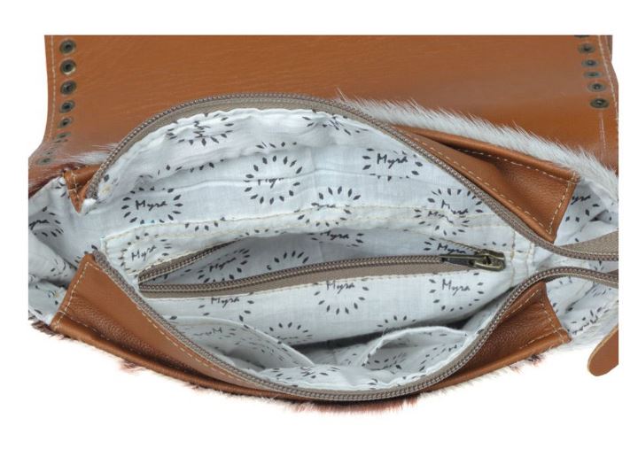 Myra Bags Beautious Tooled Leather Cow Print Hairon Grommet Bag S-3382