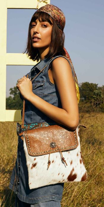 Myra Bags Beautious Tooled Leather Cow print Hairon Grommet Bag S-3382