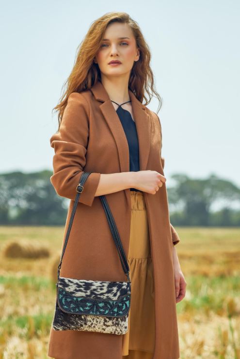 Myra Bags Blue Crescent Hand-Tooled Bag S-3995