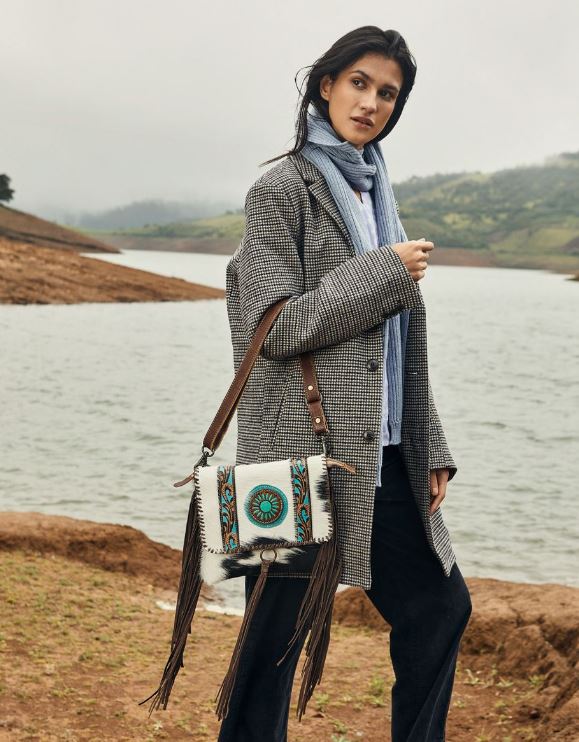 Myra Bags Dreamcatcher Hand-tooled Fringe Cow Hairon Bag S-4335