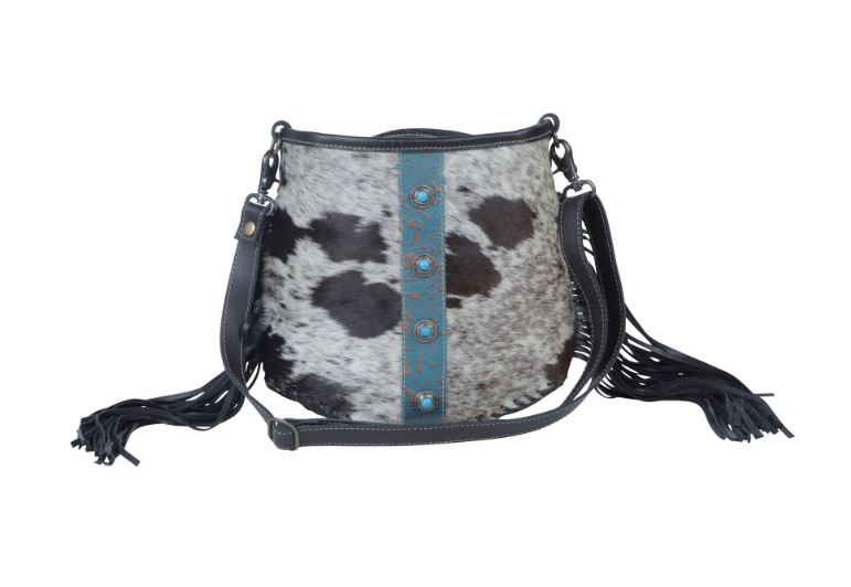 Myra Bags Paradox Cowhair Fringe Turquoise Studded Bag S-3992