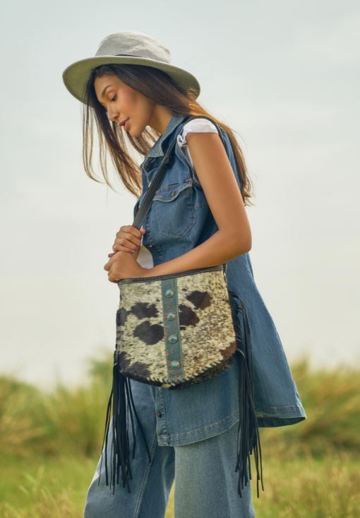 Myra Bags Paradox Cowhair Fringe Turquoise Studded Bag S-3992