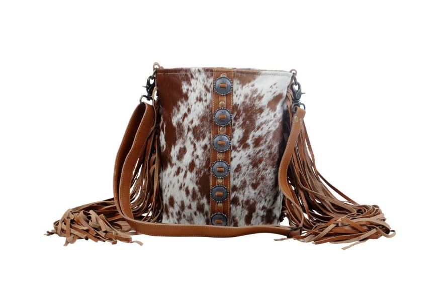 Myra Flouncy Tan Hairon Cow Print Fringe Concho Bag S-2850
