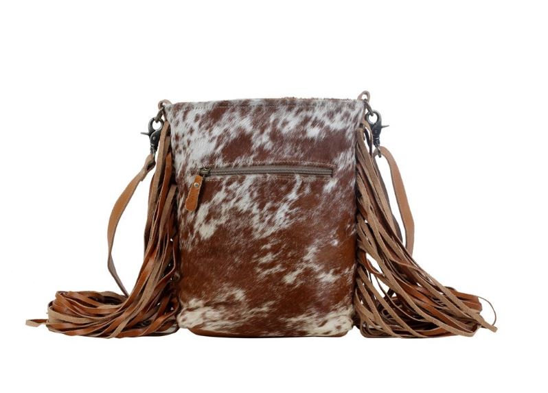 Myra Flouncy Tan Hairon Cow Print Fringe Concho Bag S-2850