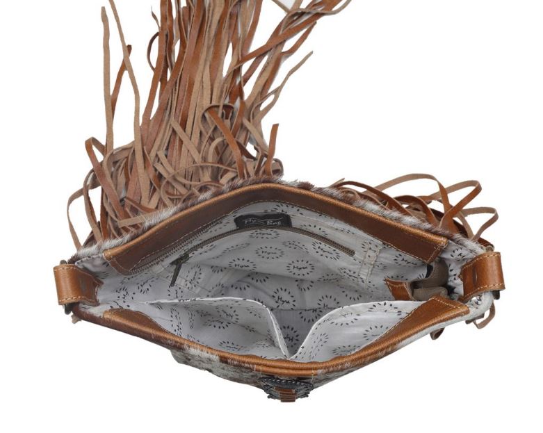 Myra Flouncy Tan Hairon Cow Print Fringe Concho Bag S-2850