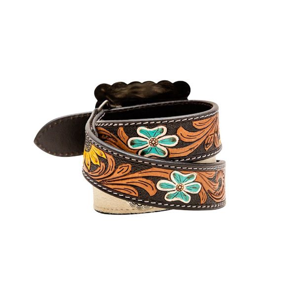 Myra Hand-Tooled Turq Stone Concho Women's Leather Belt S-6881
