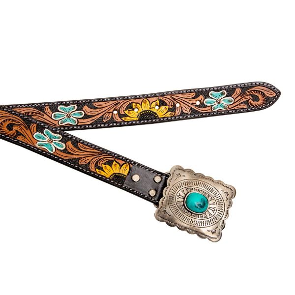 Myra Hand-Tooled Turq Stone Concho Women's Leather Belt S-6881