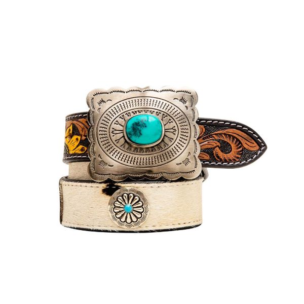 Myra Hand-Tooled Turq Stone Concho Women's Leather Belt S-6881