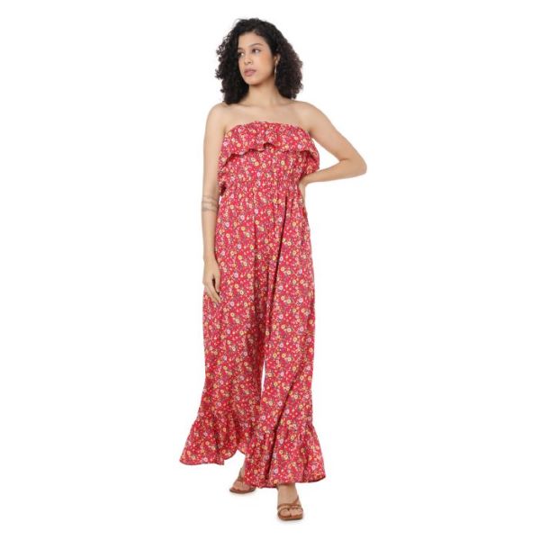Myra Red Ruffle Floral Womens Jumpsuit S-4278