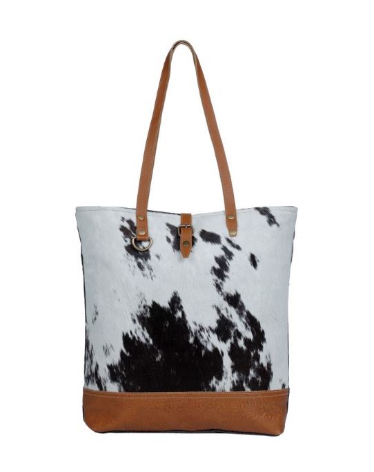 Myra Rock-Strewn Canvas Hairon Cow Print Tooled Leather Tote S-3331