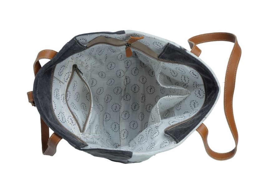 Myra Rock-Strewn Canvas Hairon Cow Print Tooled Leather Tote S-3331