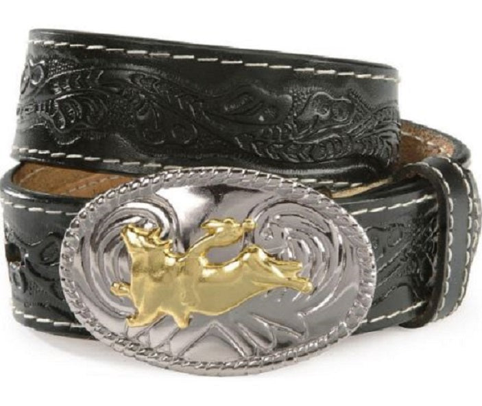 N44104 Black Tooled Leather Bullrider Buckle Nocona Boys Belts