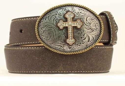 N44280-02 Distressed Brown With Cross Buckle M&F Girls Western Belt