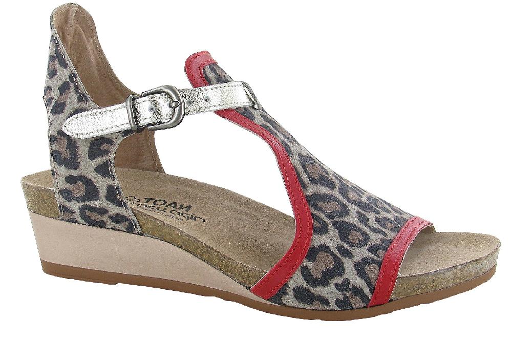 Naot Cheetah Suede/Kiss Red Leather Fiona Womens Wedge Sandals 5042